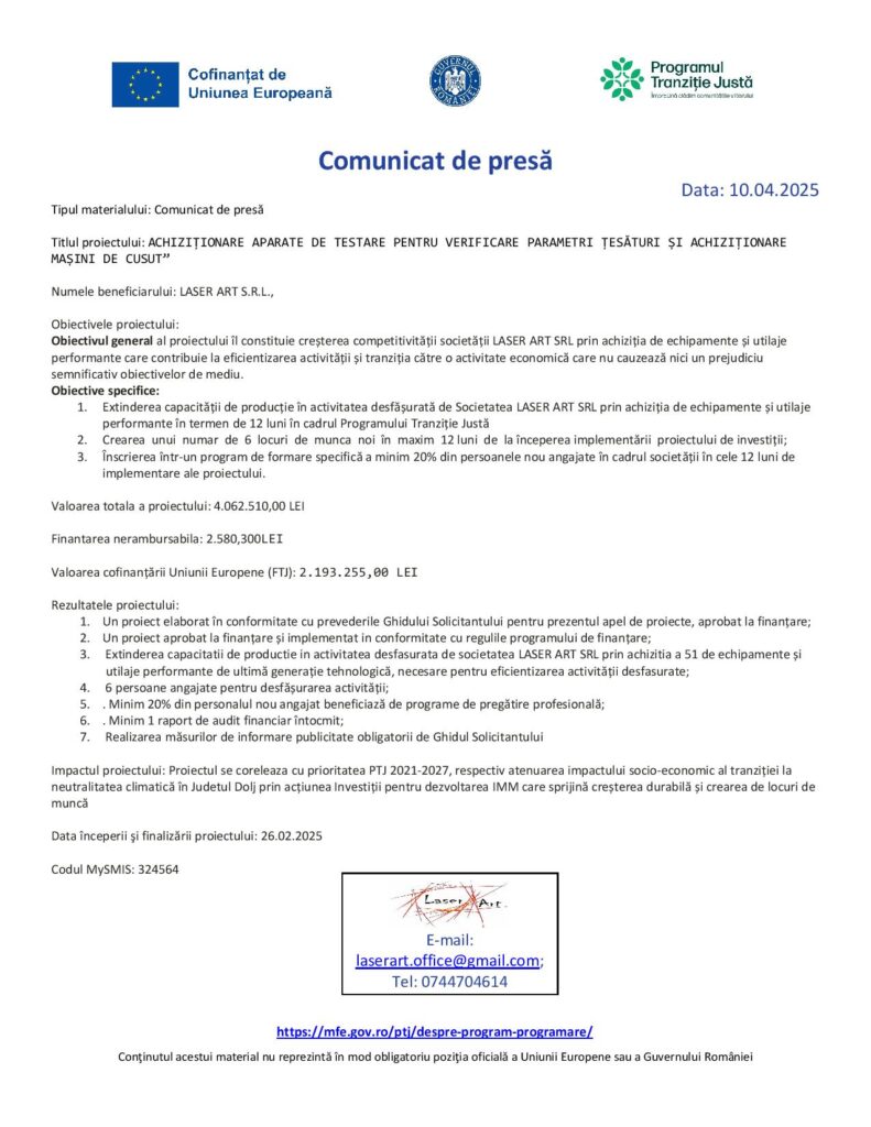Achiziționarea aparate de testare pentru verificare parametri țesături și achiziționarea mașini de cusut