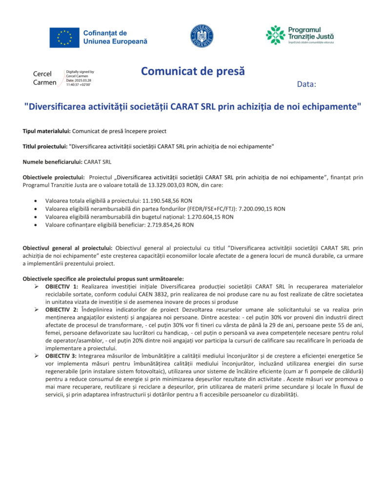 Diversificarea activității societății CARAT SRL prin achiziția de noi echipamente