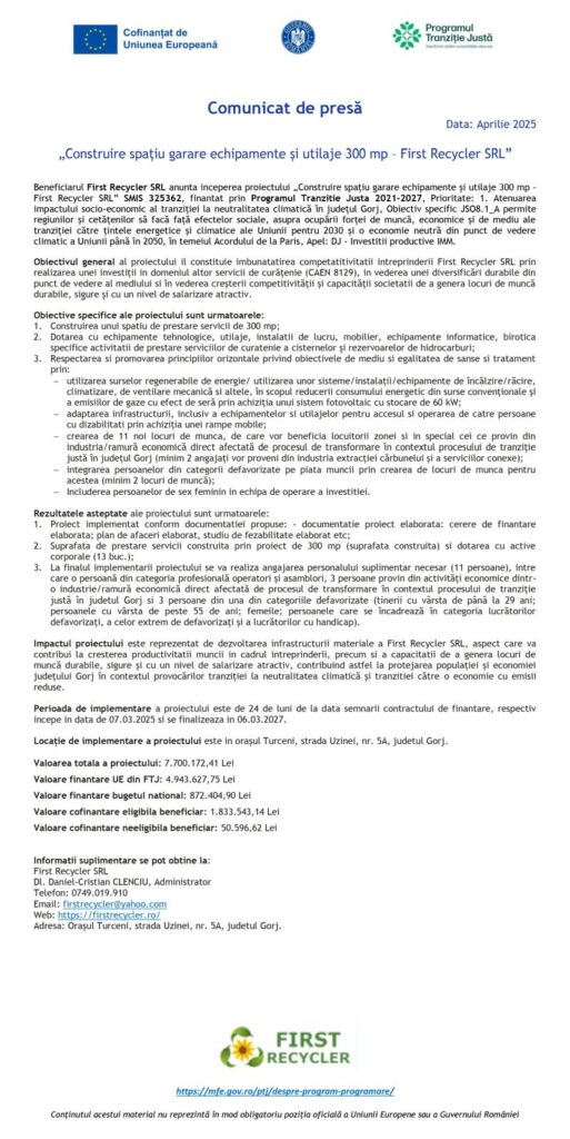 „Construire spațiu garare echipamente și utilaje 300 mp – First Recycler SRL”