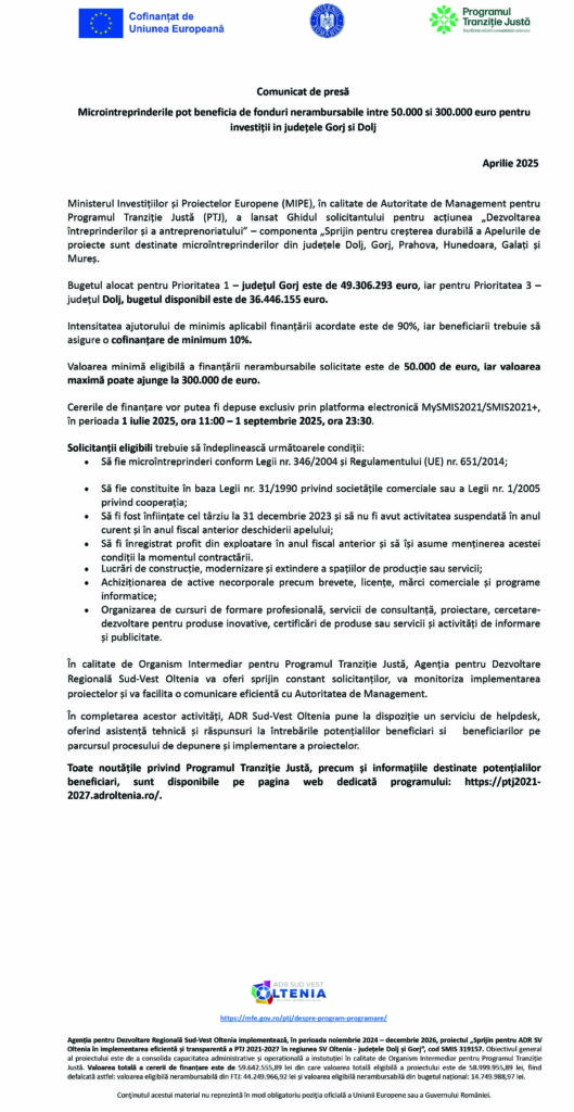 Microintreprinderile pot beneficia de fonduri nerambursabile între 50.000 si 300.000 euro pentru investiții în județele Gorj și Dolj