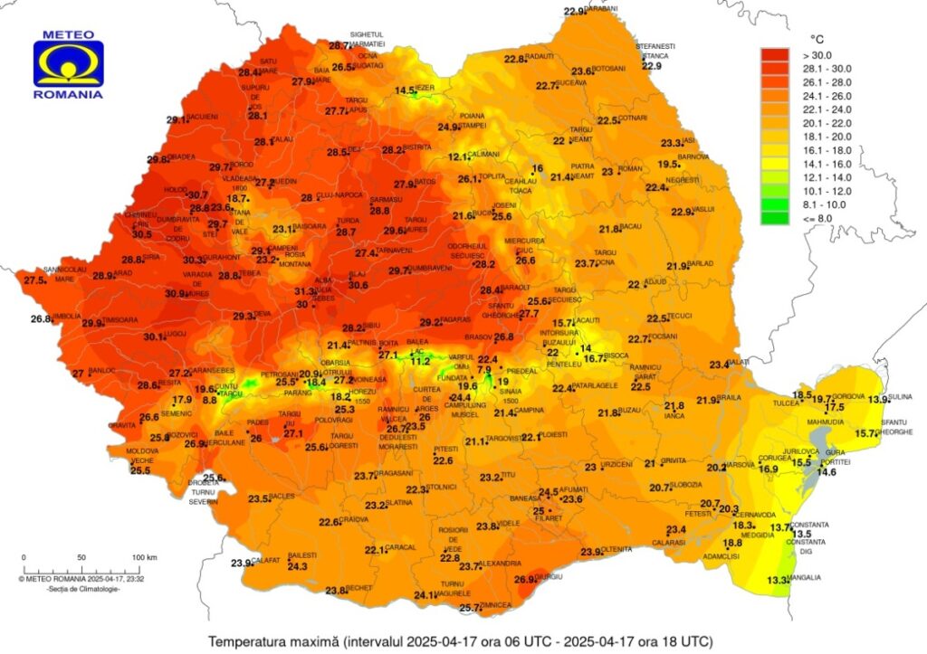 Joi a fost cea mai caldă zi din 2025 în România