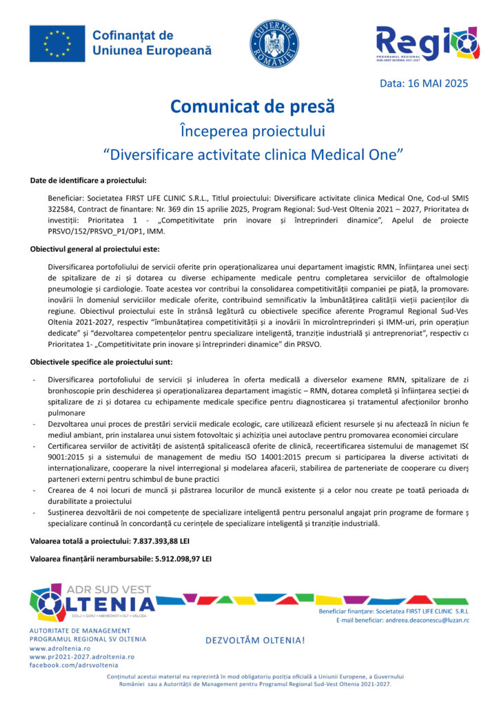 Începerea proiectului “Diversificare activitate clinica Medical One”