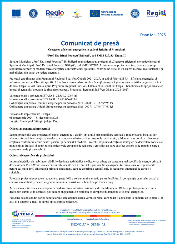 Proiectul „Creșterea eficienței energetice în cadrul Spitalului Municipal ‘Prof. Dr. Irinel Popescu’ Băilești”