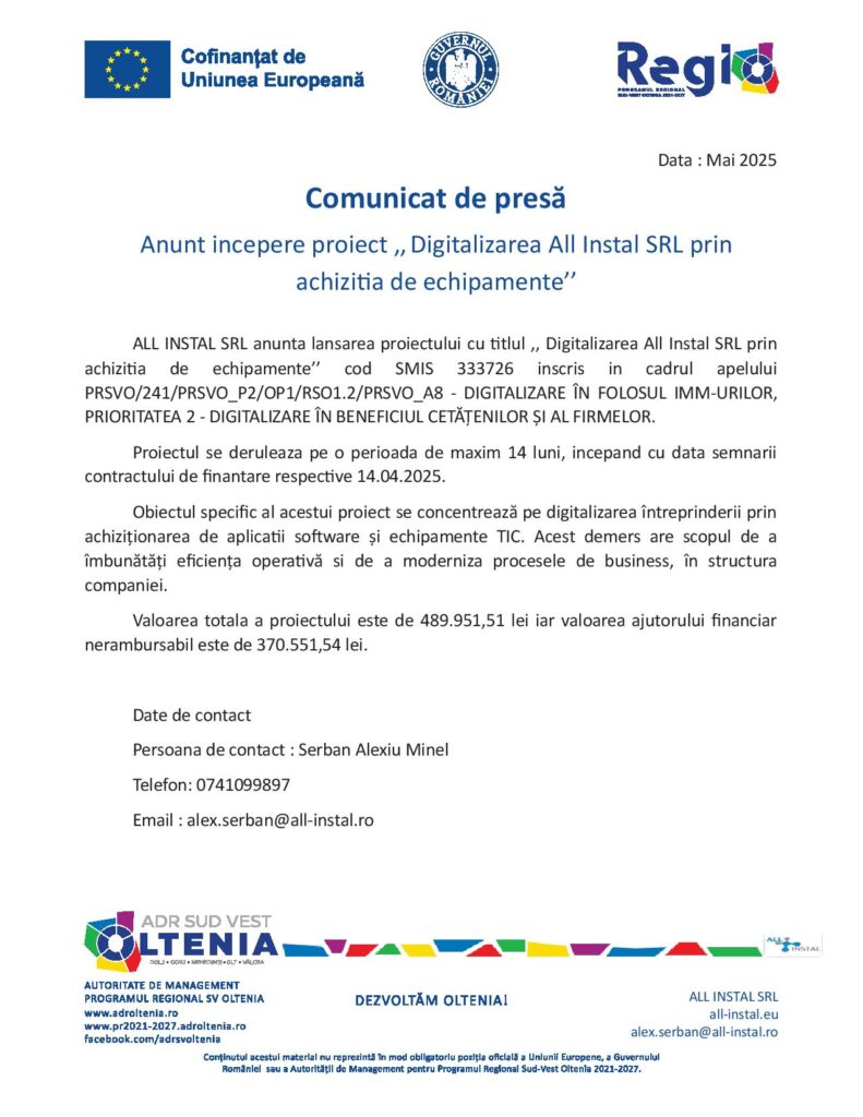 Anunț începere proiect „Digitalizarea All Instal SRL prin achiziția de echipamente“