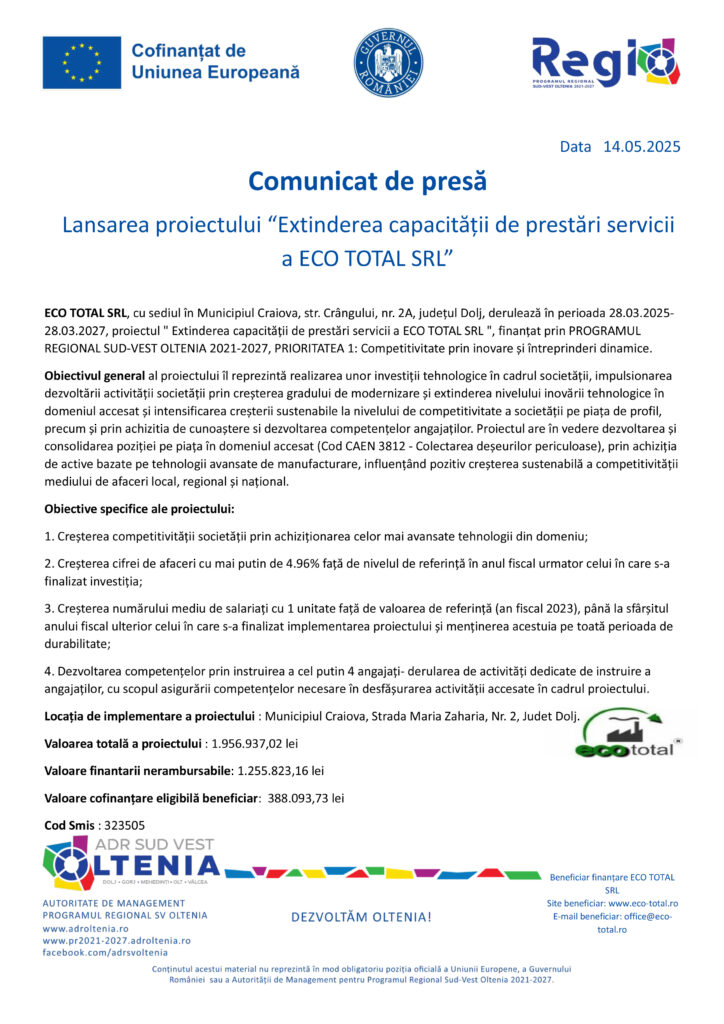 Lansarea proiectului “Extinderea capacității de prestări servicii a ECO TOTAL SRL”