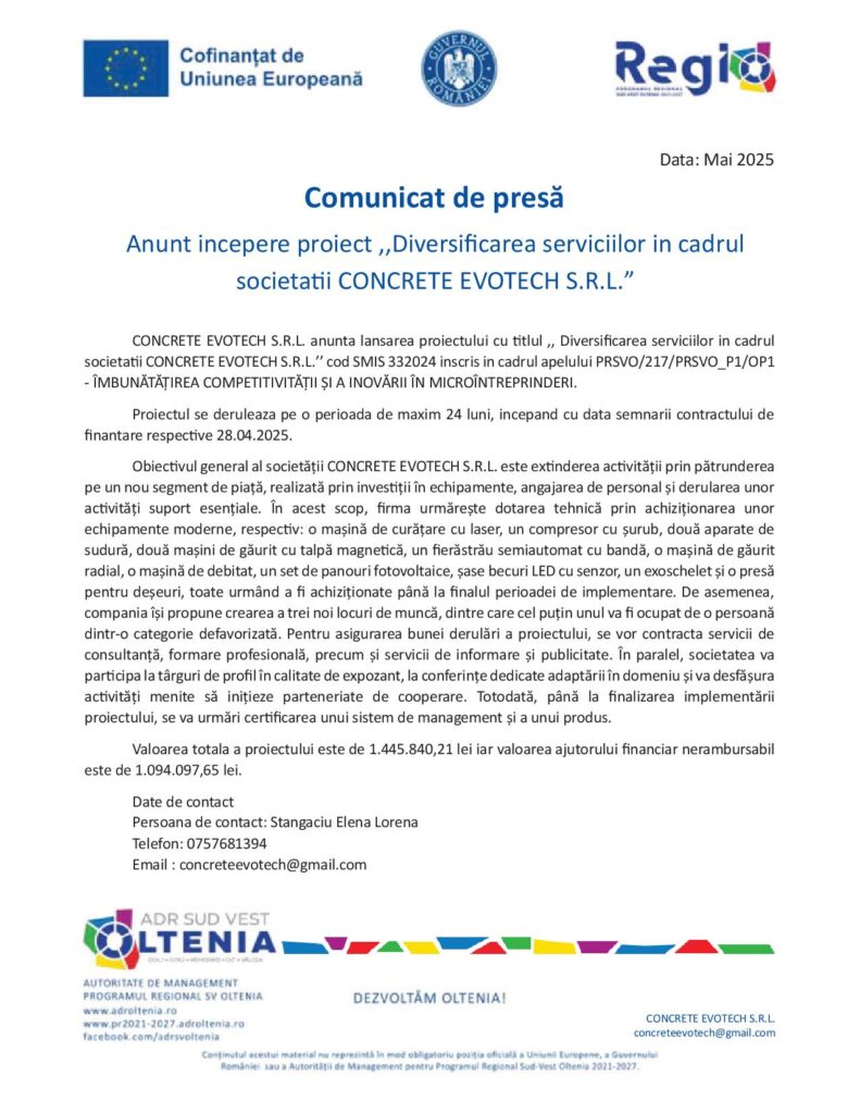 Începere proiect „Diversificarea serviciilor în cadrul societății CONCRETE EVOTECH SRL”