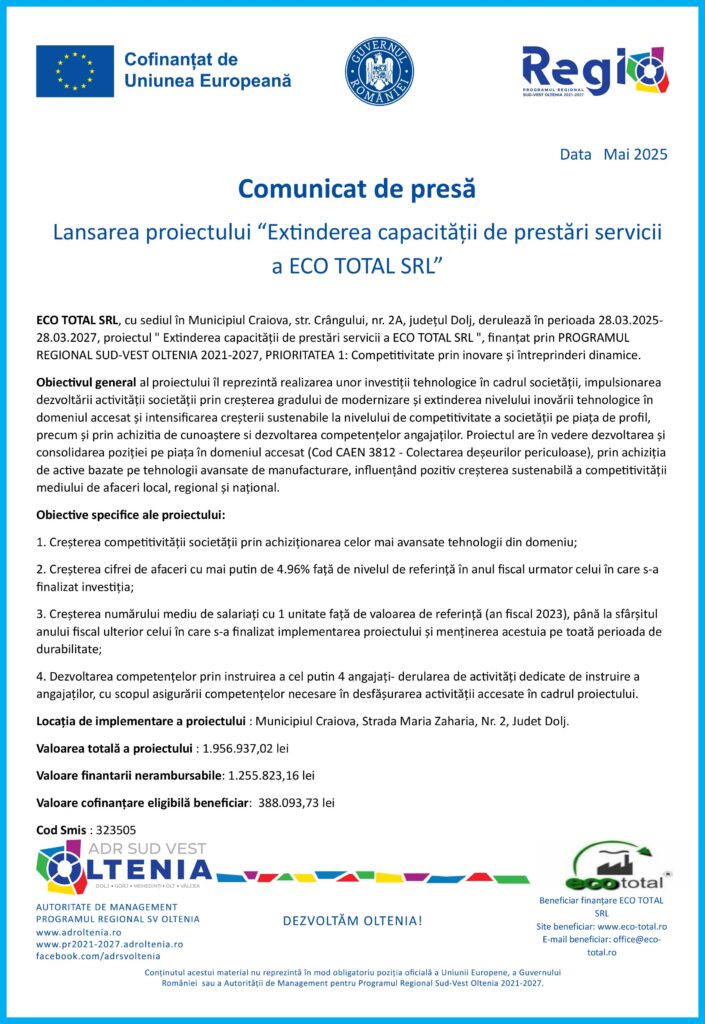 Lansarea proiectului “Extinderea capacității de prestări servicii a ECO TOTAL SRL”