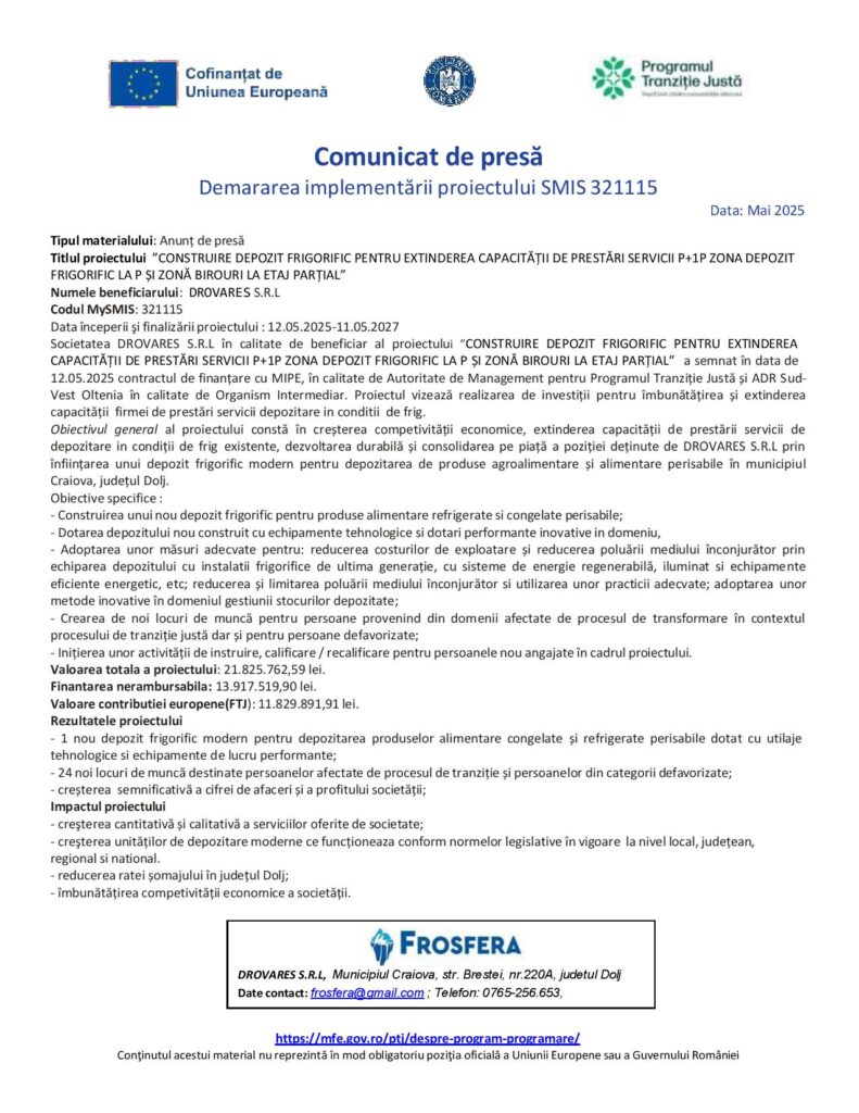 „Construire depozit frigorific pentru extinderea capacităţii de prestări servicii P+1P şi zonă birouri la etaj parţial“