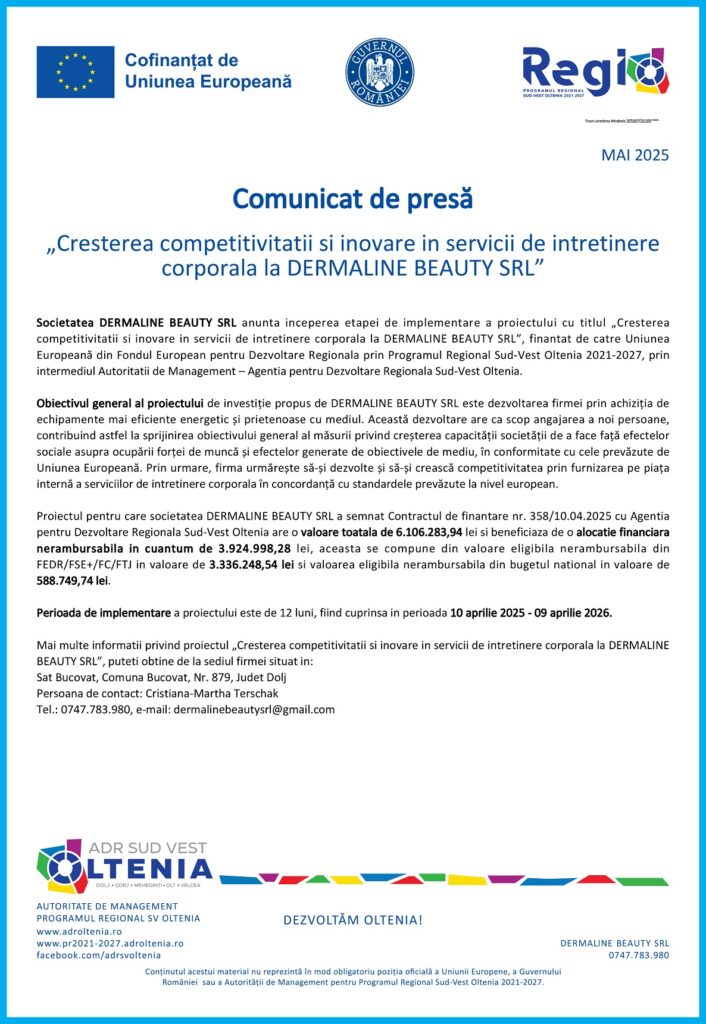 „Creșterea competitivității și inovare în servicii de întreținere corporală la DERMALINE BEAUTY SRL”