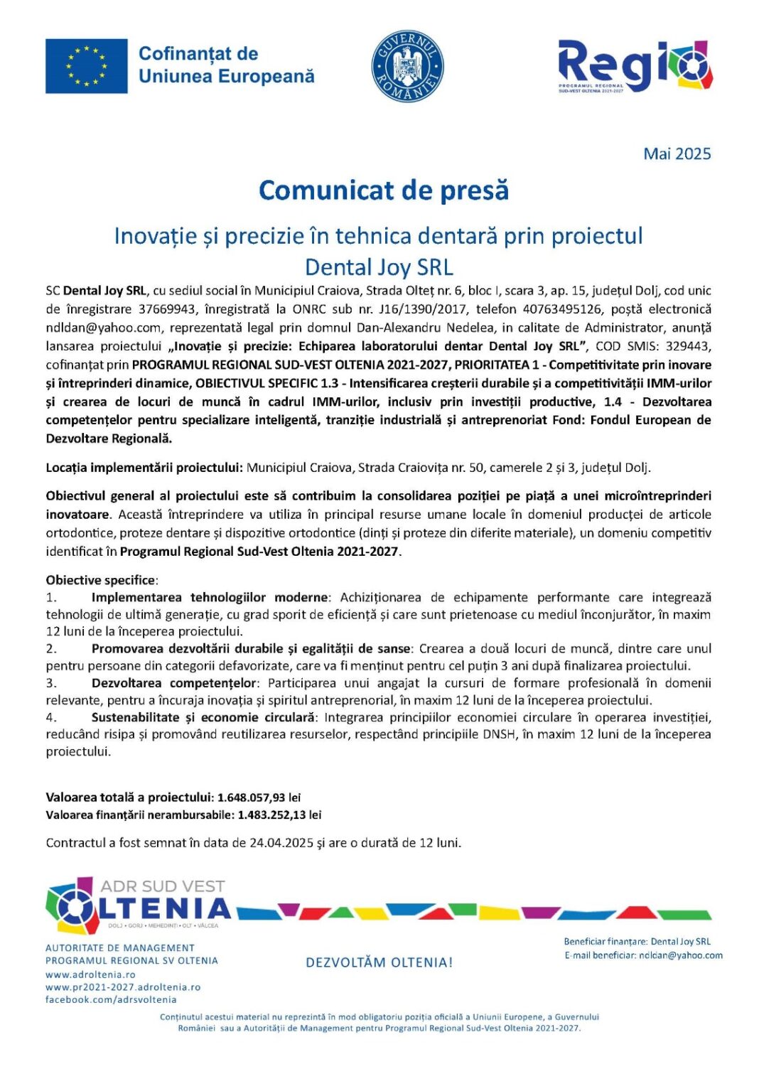 Inovație și precizie în tehnica dentară prin proiectul Dental Joy SRL