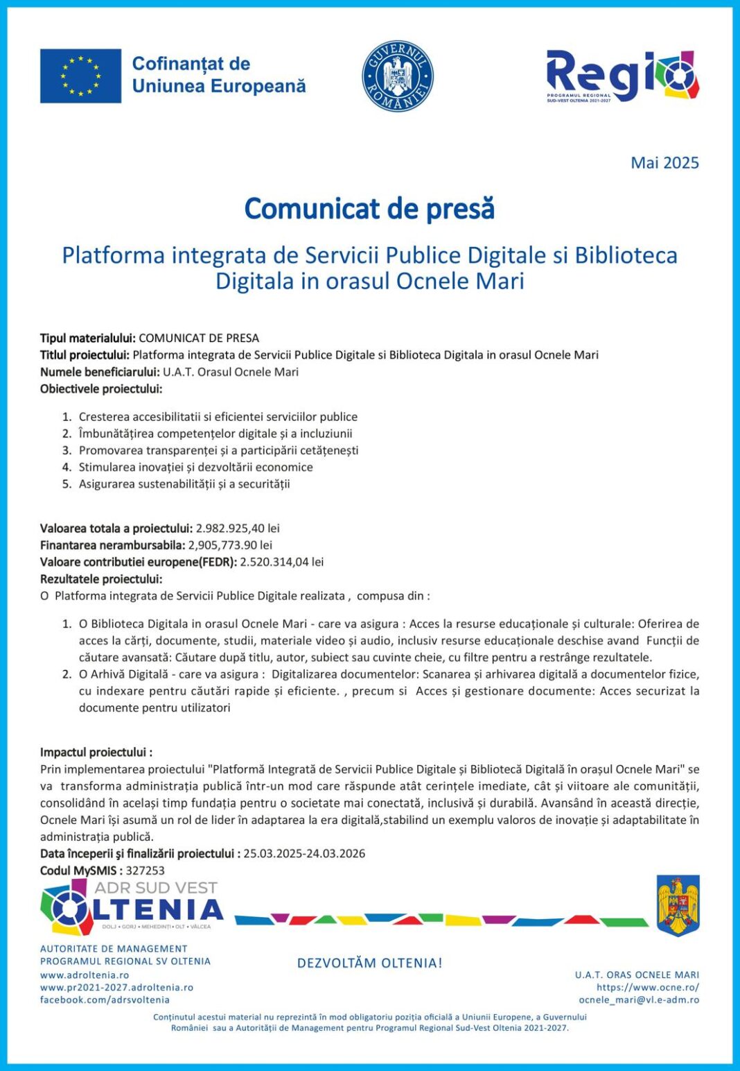 Platformă integrată de Servicii Publice Digitale şi Bibliotecă Digitală în oraşul Ocnele Mari