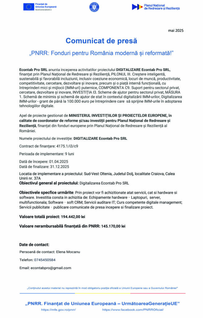 Proiectul DIGITALIZARE Econtab Pro SRL