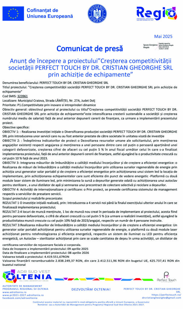 Anunț de începere a proiectului ”Creșterea competitivității societății PERFECT TOUCH BY DR. CRISTIAN GHEORGHE SRL prin achiziție de echipamente”