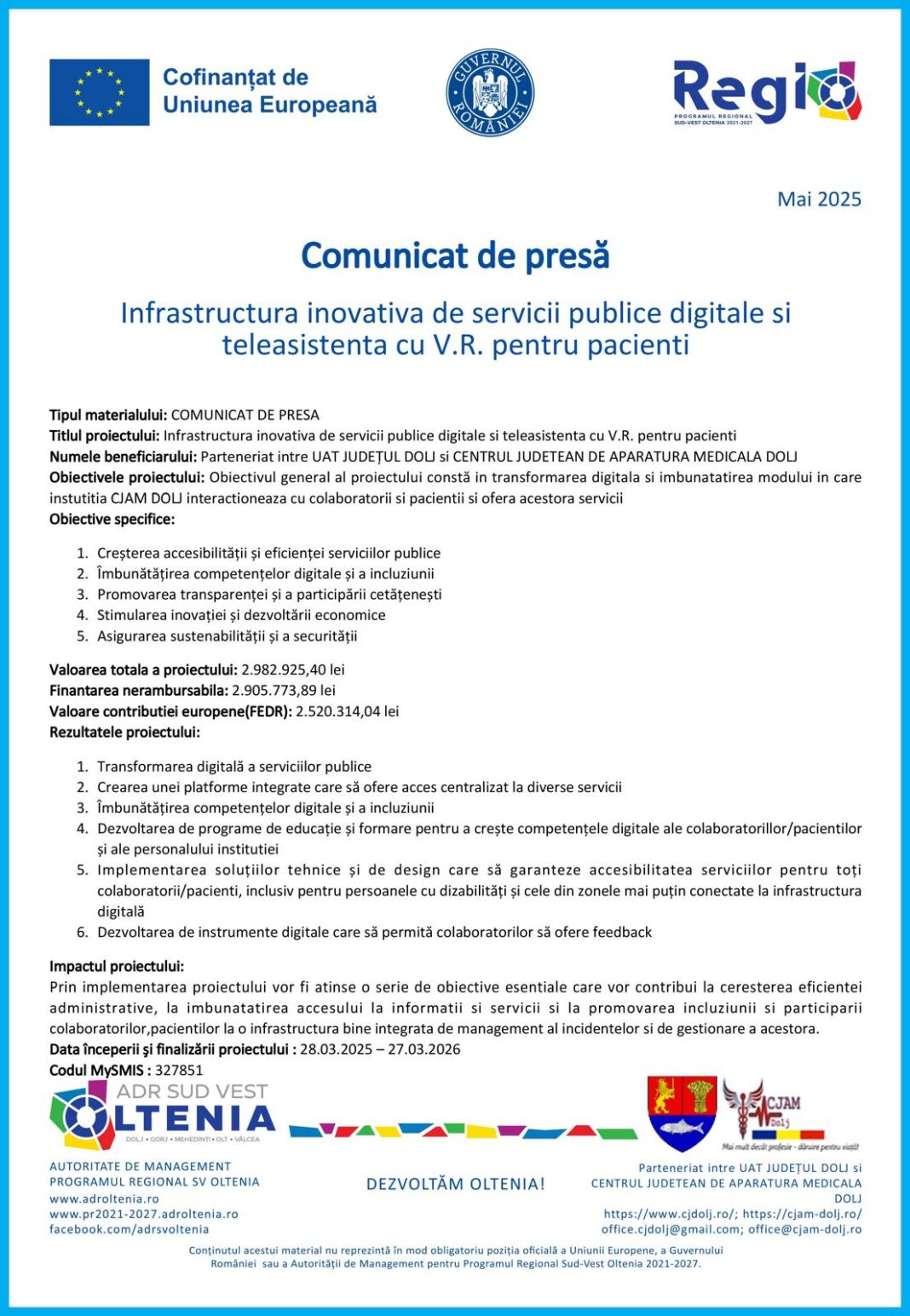 Infrastructură inovativă de servicii publice digitale şi teleasistenţă cu V.R. pentru pacienţi