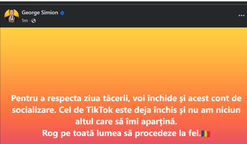 George Simion își închide și contul de Facebook, după cel de TikTok