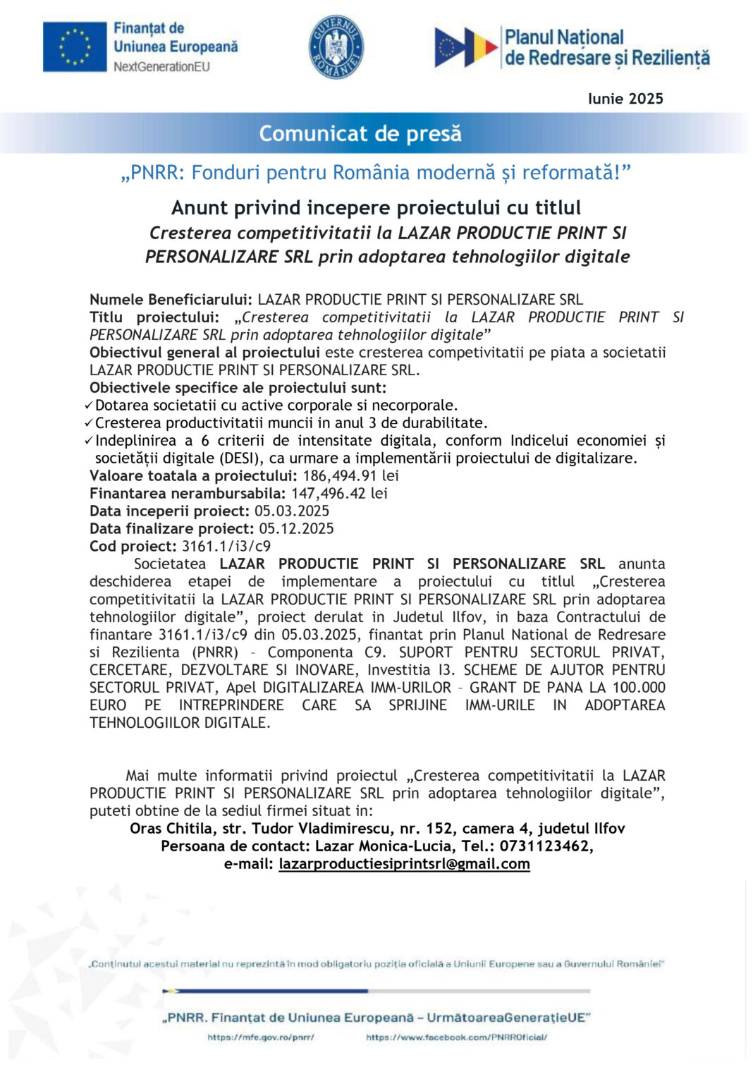 Creşterea competitivităţii la LAZĂR PRODUCŢIE PRINT ŞI PERSONALIZARE SRL prin adoptarea tehnologiilor digitale