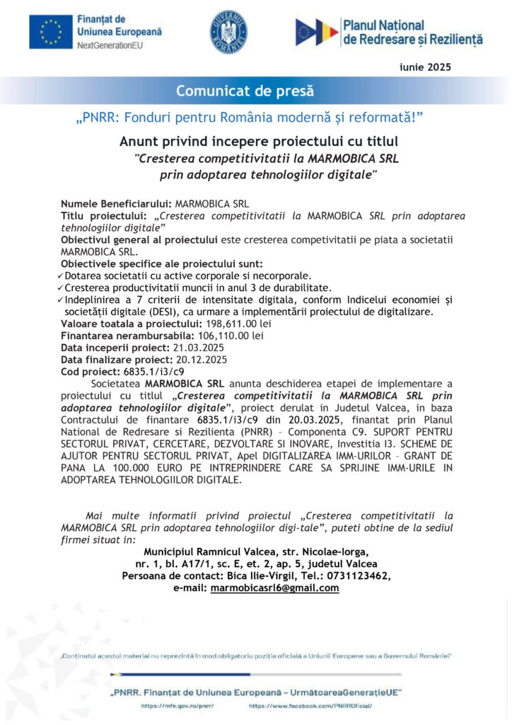 Anunţ privind începerea proiectului cu titlul „Creşterea competitivităţii la MARMOBICA SRL prin adoptarea tehnologiilor digitale”