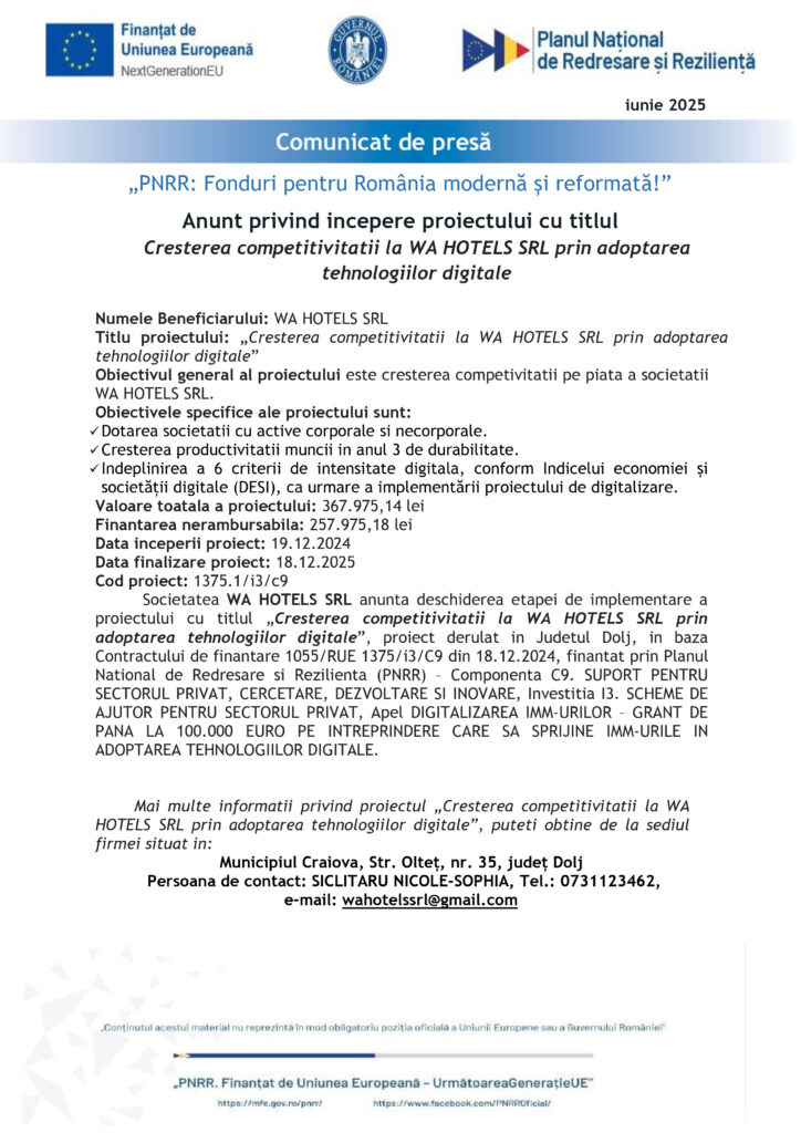 Start proiect WA HOTELS SRL pentru creșterea competitivității prin tehnologie digitală