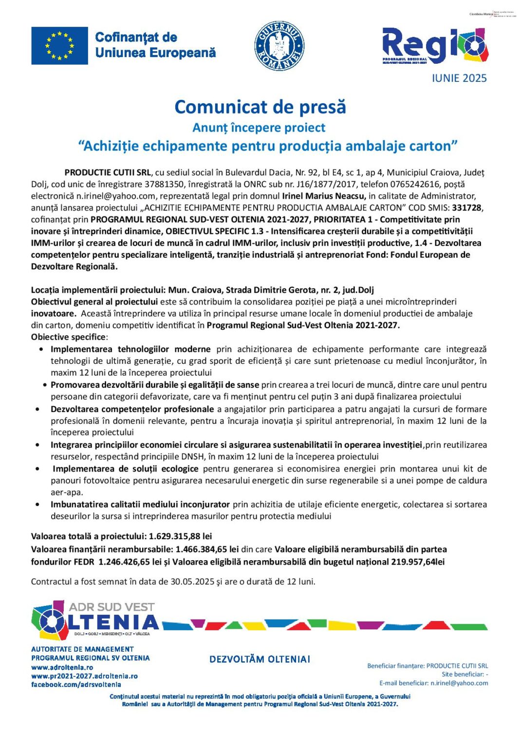 Anunț începere proiect “Achiziție echipamente pentru producția ambalaje carton”
