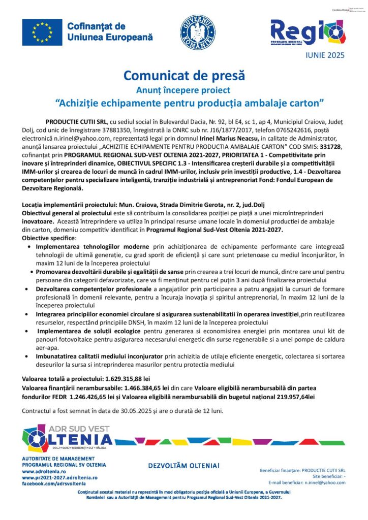 Anunț începere proiect “Achiziție echipamente pentru producția ambalaje carton”