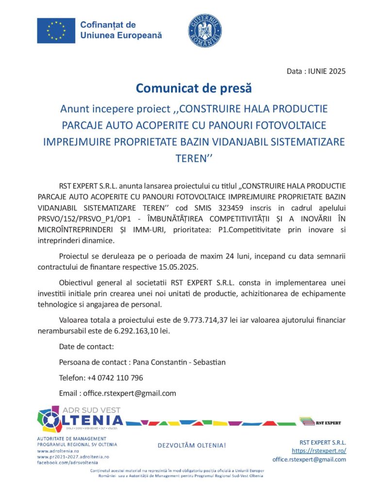 Construcție Hală cu Parcaje Fotovoltaice și Sistematizare Teren - Cod SMIS 323459
