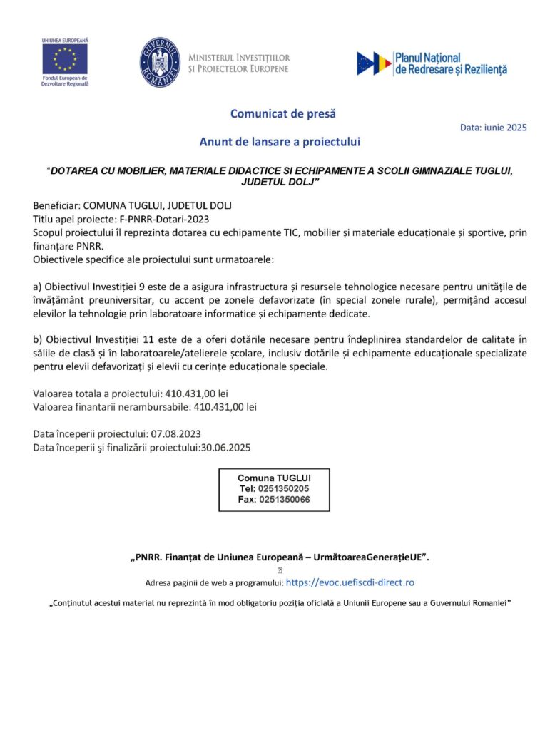 Anunt de lansare a proiectului “Dotarea cu mobilier, materiale didactice și echipamente a Școlii Gimnaziale Țuglui, județul Dolj”