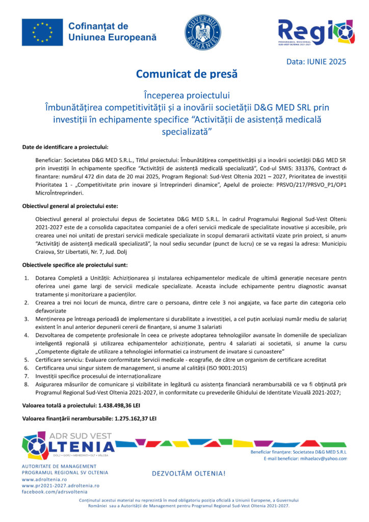 Îmbunătățirea competitivității și a inovării societății D&G MED SRL prin investiții în echipamente specifice “Activității de asistență medicală specializată”