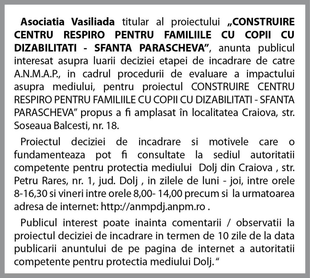 Anunţ Asociaţia Vasiliada