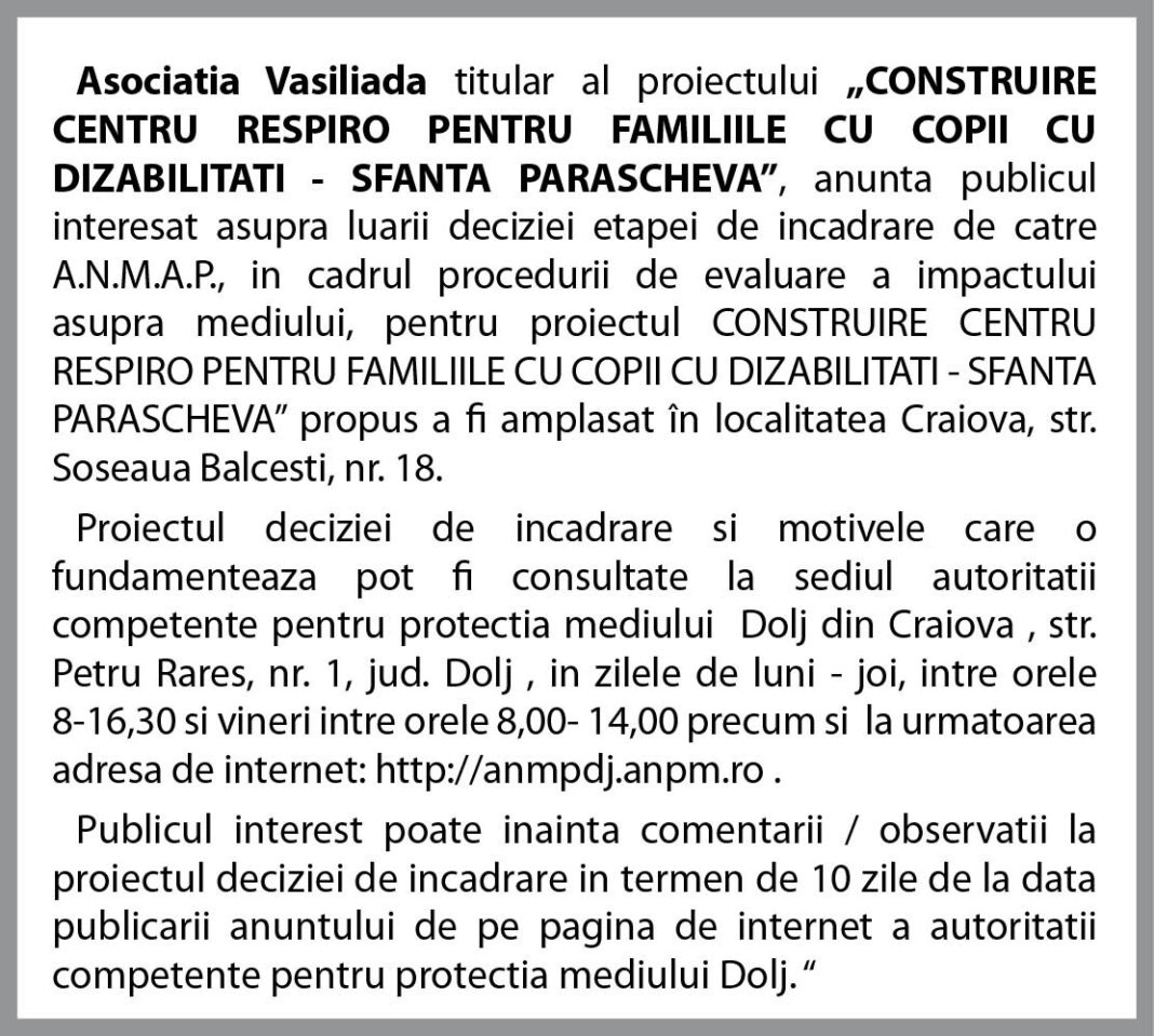 Anunţ Mediu Asociaţia Vasiliada