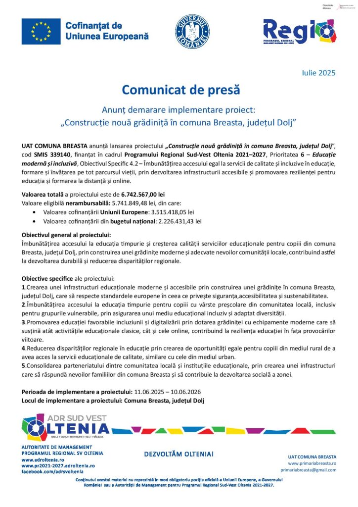 Demararea Construcției Noii Grădinițe în Breasta, Dolj - Un Proiect Educațional Modern și Incluziv Finanțat Prin Programul Regional