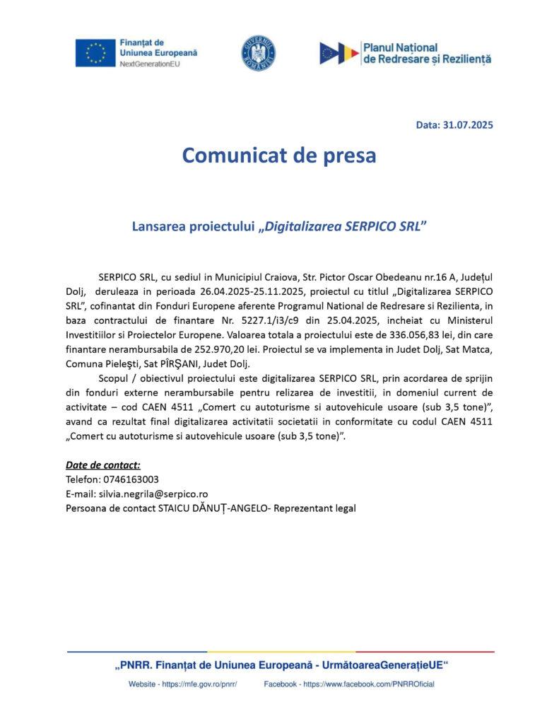 Lansarea proiectului „Digitalizarea SERPICO SRL”