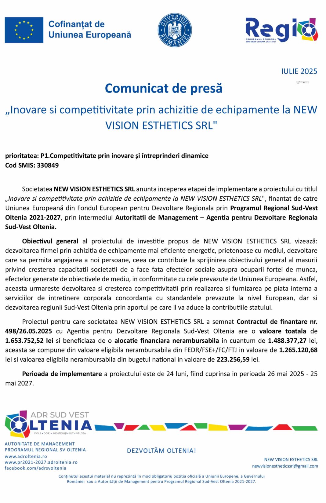 „Inovare si competitivitate prin achizitie de echipamente la NEWVISION ESTHETICS SRL