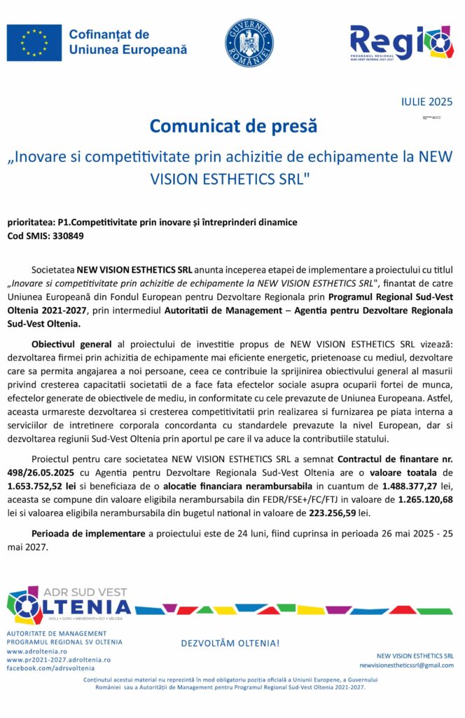 NEW VISION ESTHETICS SRL Impulsionază Inovarea și Competitivitatea prin Achiziția de Echipamente Noi