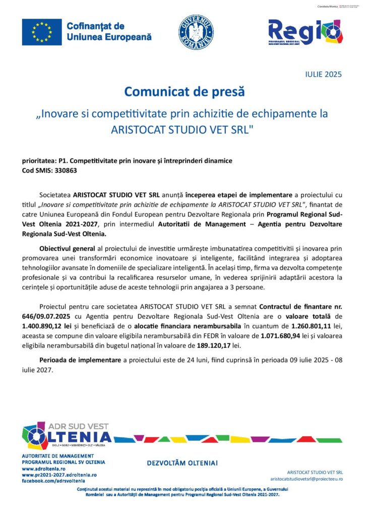 Inovare şi competitivitate prin achiziţie de echipamente la ARISTOCAT STUDIO VET SRL