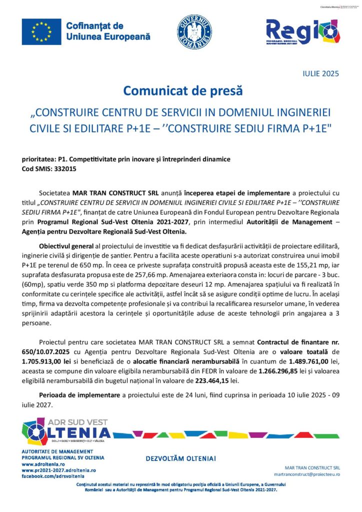 Construire centru de servicii în domeniul ingineriei civile şi edilitare P+1E – „construire sediu firmă P+1E“