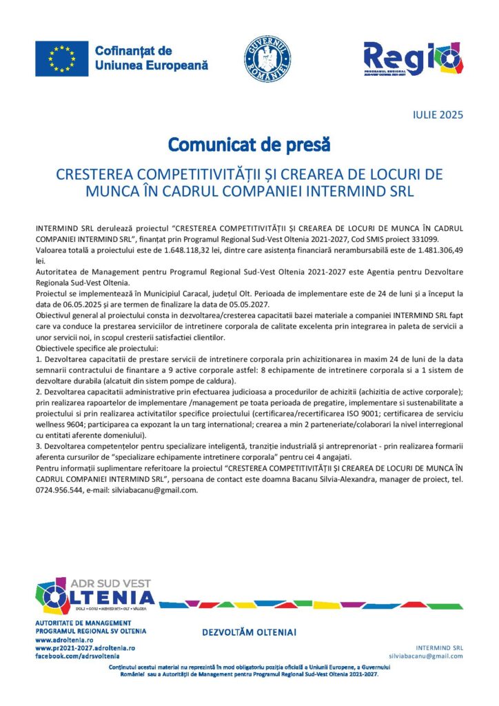 Creşterea competitivităţii şi crearea de locuri de muncă în cadrul companiei INTERMIND SRL