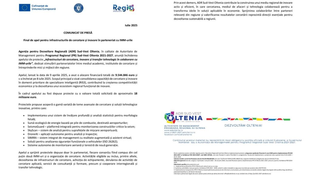 Final de apel pentru infrastructurile de cercetare și inovare în parteneriat cu IMM-urile