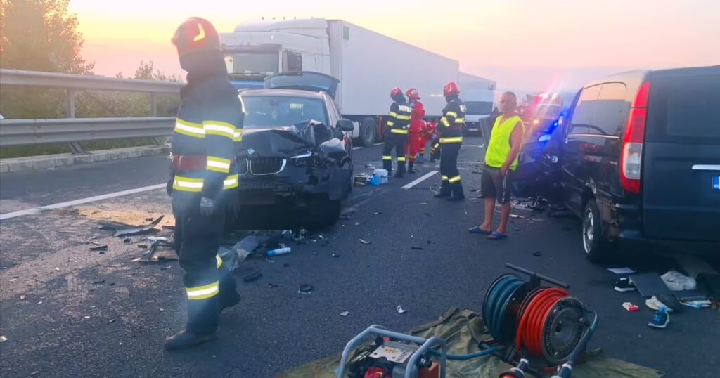 Doi copii şi patru adulţi, răniţi într-un accident în care au fost implicate trei autoturisme şi un TIR