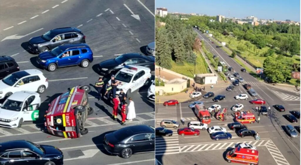 Ambulanță SMURD, răsturnată după un impact violent cu un BMW