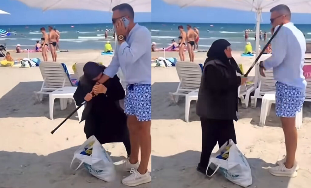 VIDEO / Administrator de plajă, mușcat și bătut cu cârja de o bunicuță