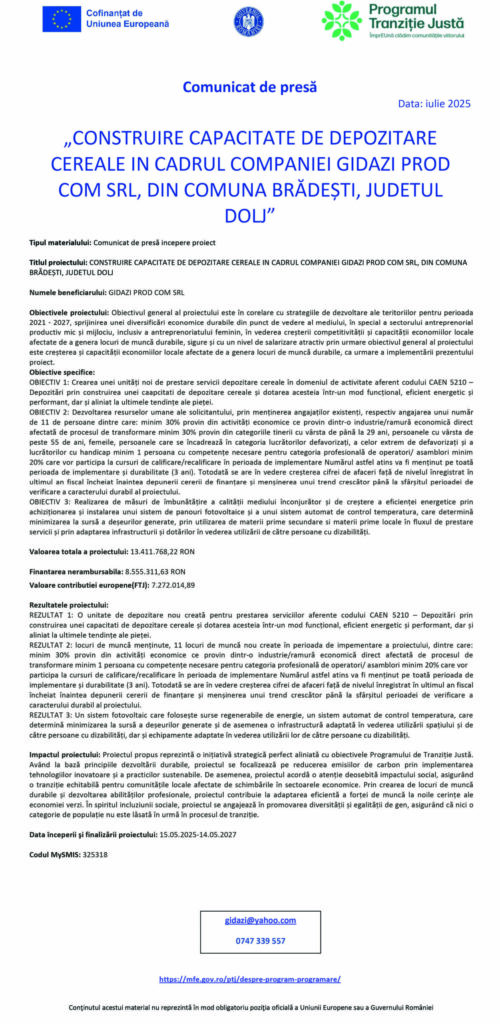 Construire capacitate de depozitare cereale în cadrul companiei Gidazi Prod Com SRL, din Comuna Brădeşti