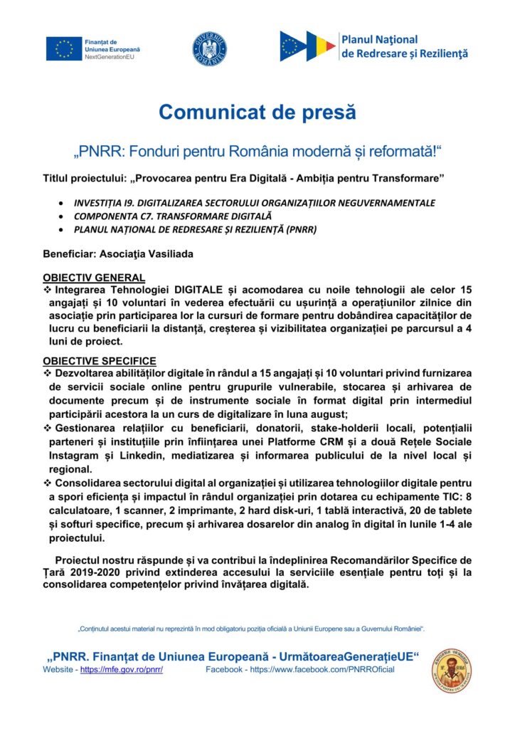 Asociția Vasiliada implementează proiectul „Provocarea pentru Era Digitală – Ambiția pentru Transformare”