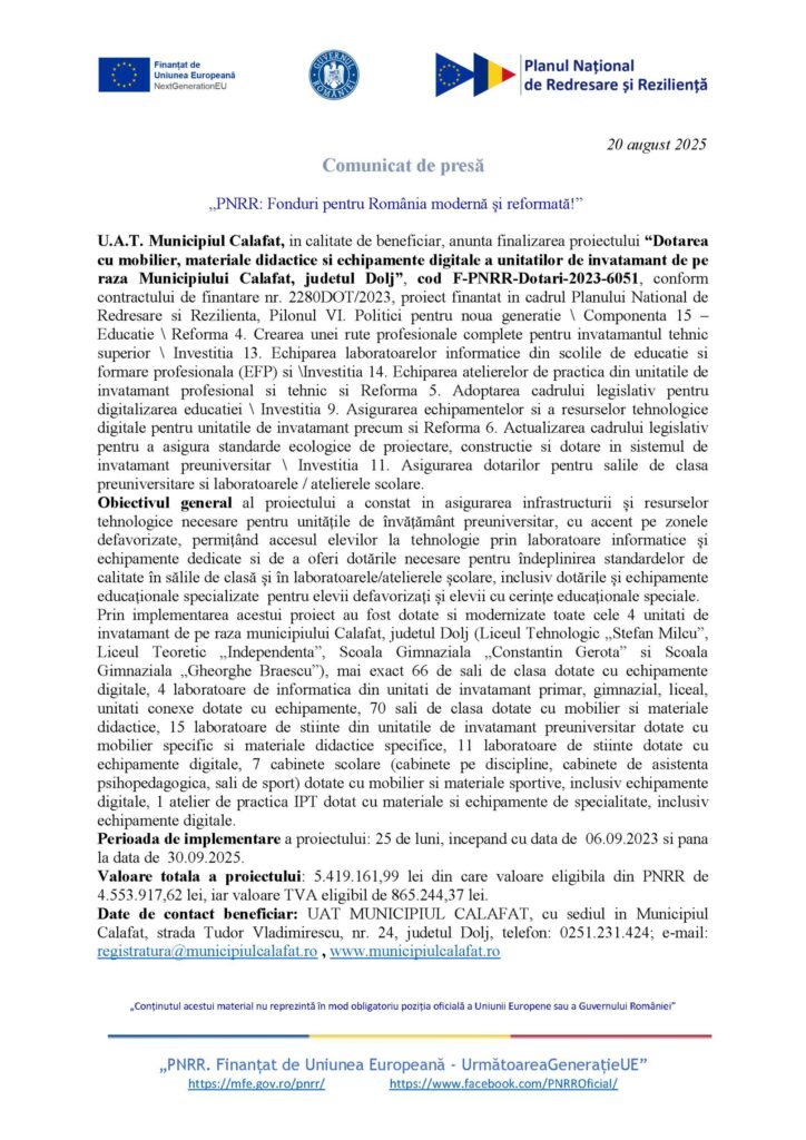 Finalizarea proiectului “Dotarea cu mobilier, materiale didactice și echipamente digitale a unităților de învațământ de pe raza Municipiului Calafat, județul Dolj”