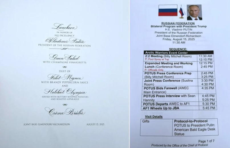 Imagini a două documente despre întâlnirea Trump-Putin din Alaska, găsite într-o imprimantă a unui hotel public din Anchorage