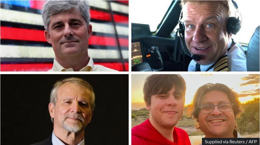 În sensul acelor de ceasornic, de sus în sus, din stânga: Stockton Rush, Hamish Harding, Shahzada Dawood și fiul său Suleman, precum și Paul-Henri Nargeolet au fost cu toții uciși în accident