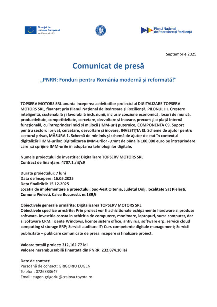 Începe proiectul DIGITALIZARE TOPSERV MOTORS SRL