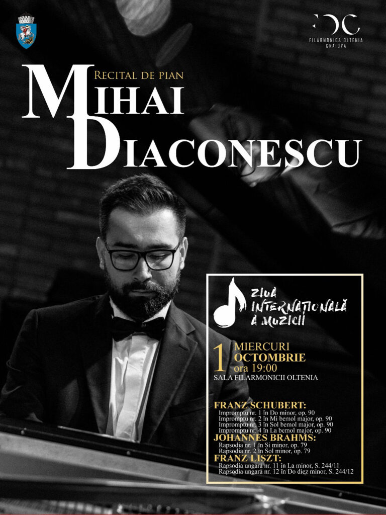 Ziua Internațională a Muzicii va fi sărbătorită la Craiova prin recitalul „Romantic Rhapsody”