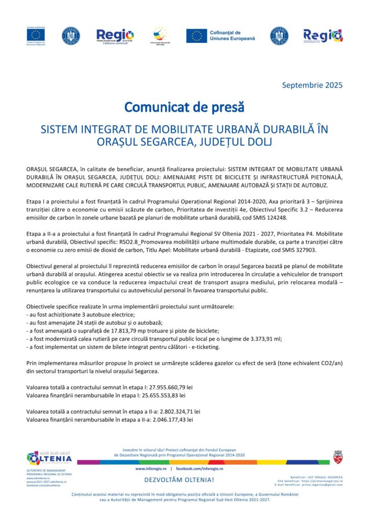 Sistem integrat de mobilitate urbană durabilă în orașul Segarcea, județul Dolj