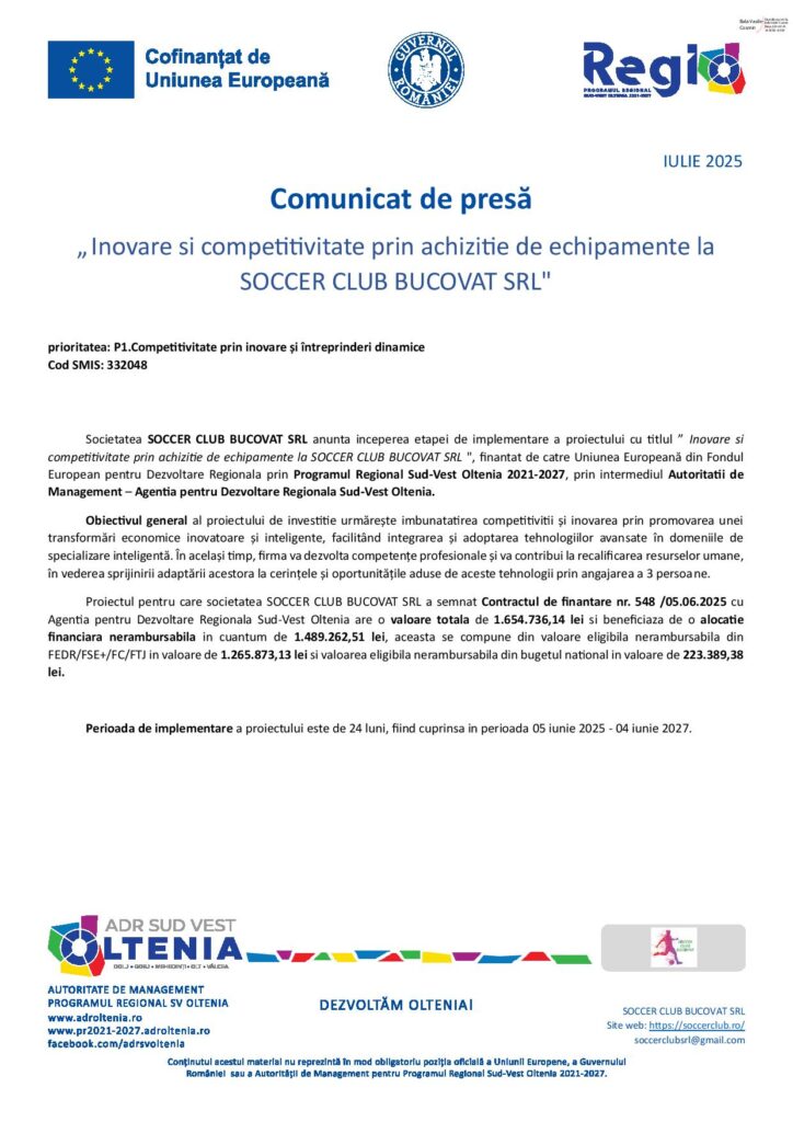 Inovare şi competitivitate prin achiziţie de echipamente la SOCCER CLUB BUCOVAT SRL