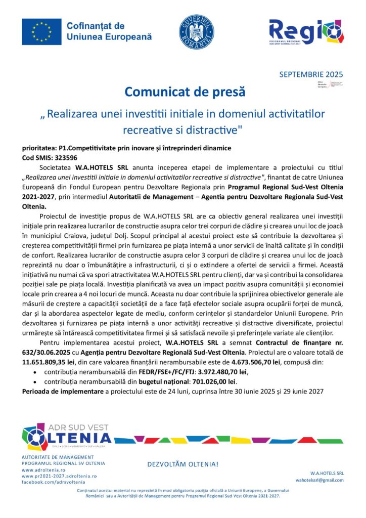 „Realizarea unei investiţii iniţiale în domeniul activităţilor recreative şi distractive”